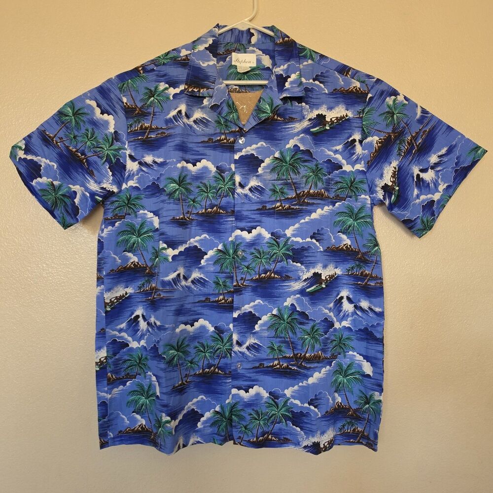 Stephen Men's XL Hawaiian Shirt Ocean Waves Islands Palm Trees Outrigger NWOT